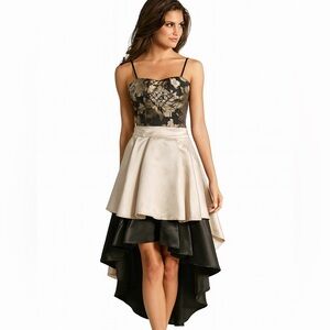 Venus Hi Low Ruffle Gown Dress Women 8 Gold Black Satin Steampunk Goth Wedding